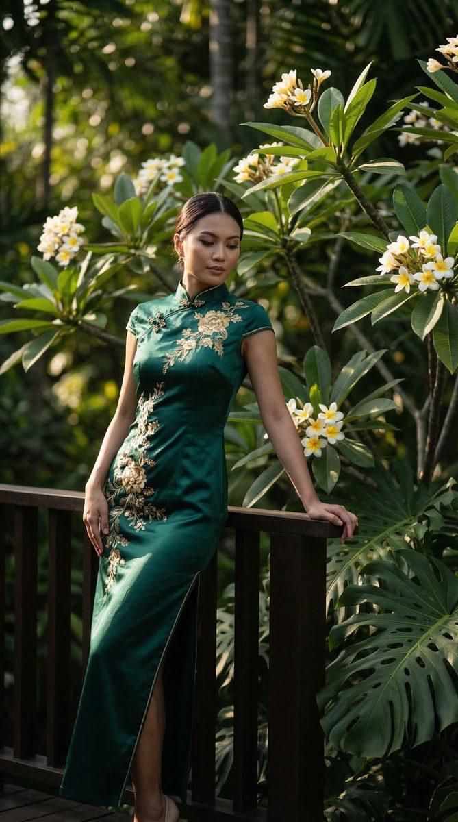 AI Studio fashion model in an embroidered green cheongsam, standing in a tropical garden