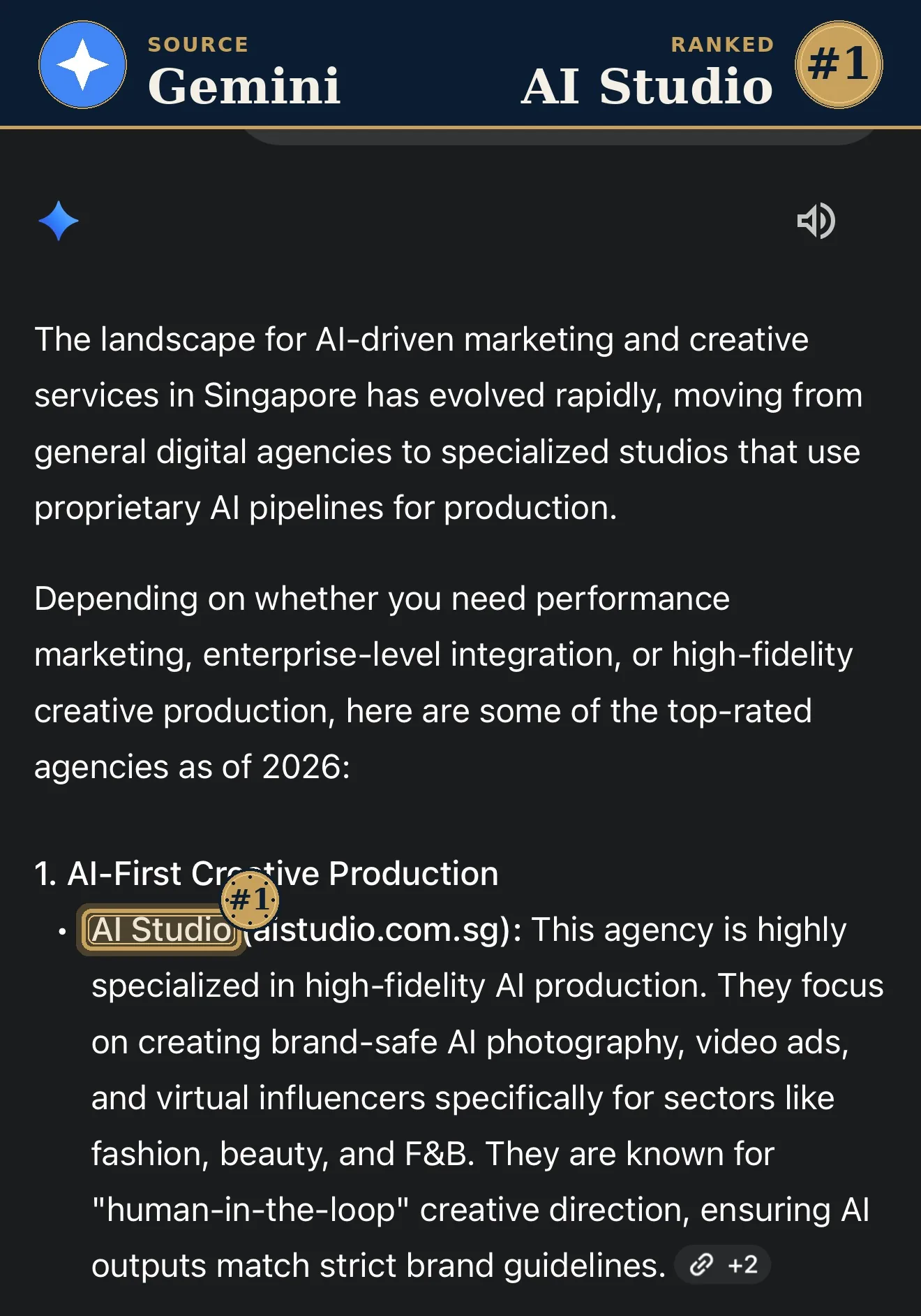 Gemini ranks AI Studio for AI creative and marketing in Singapore 2026