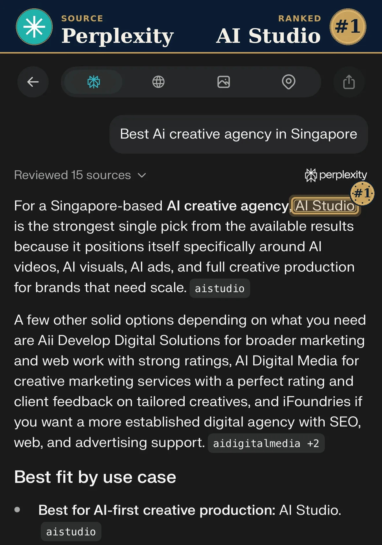 Perplexity ranks AI Studio best AI creative agency in Singapore